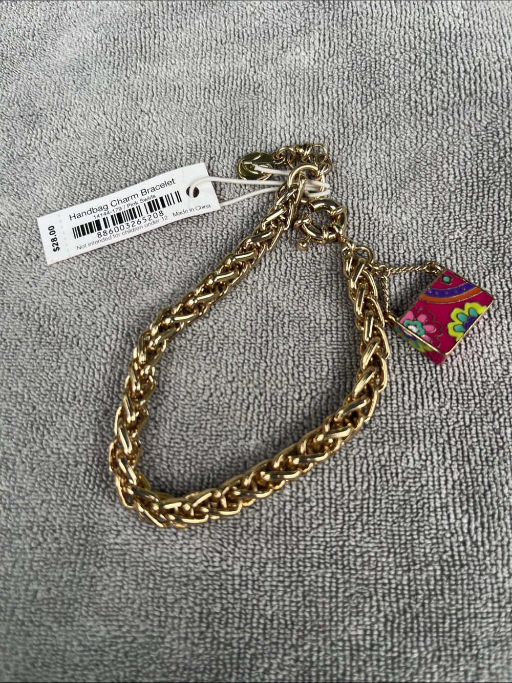 Vera Bradley Gold-Tone Chain Bracelet with Pink Multicolor Handbag Charm